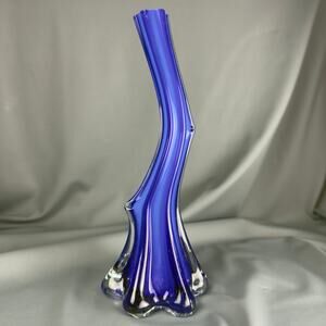Cobalt Blue Cased Glass Vase White Lined Clear Overlay Murano Style